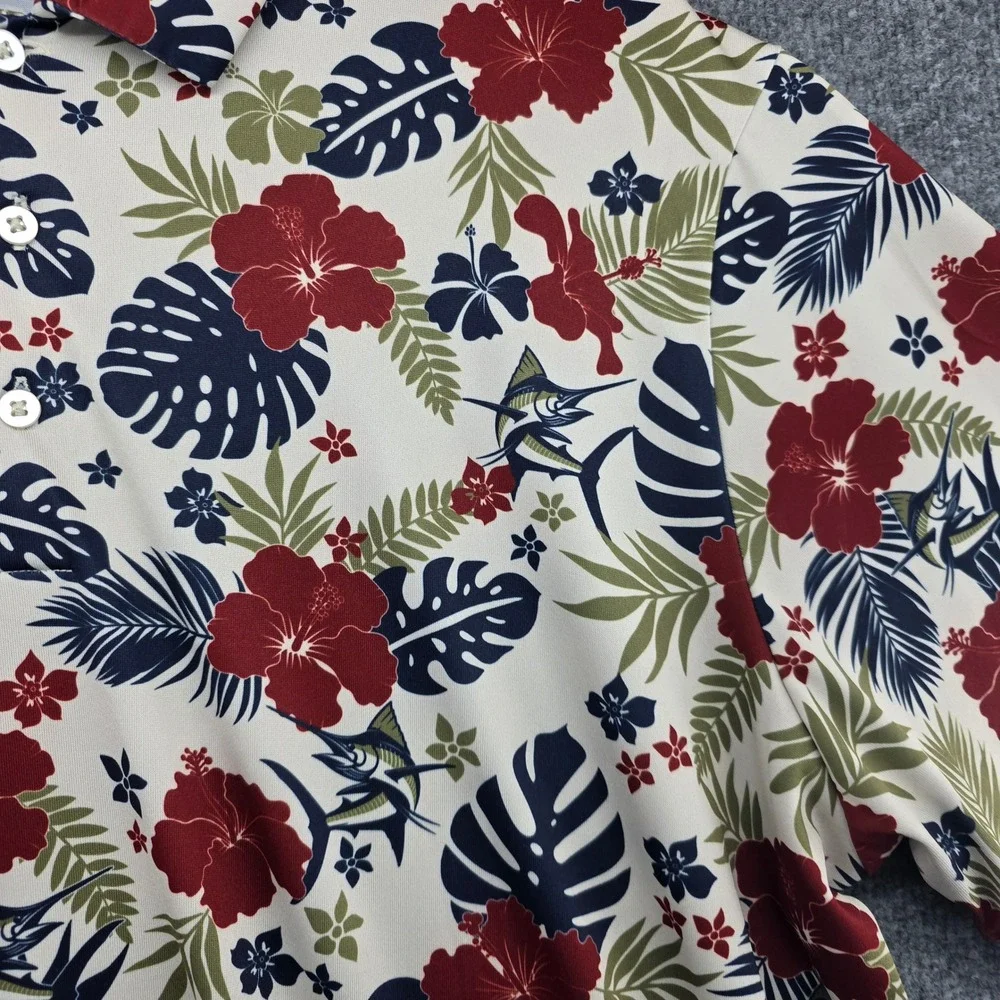 Caddy Cart Mens XL Tropical‎ Marlin Floral Performance Golf Polo Shirt Cream Red